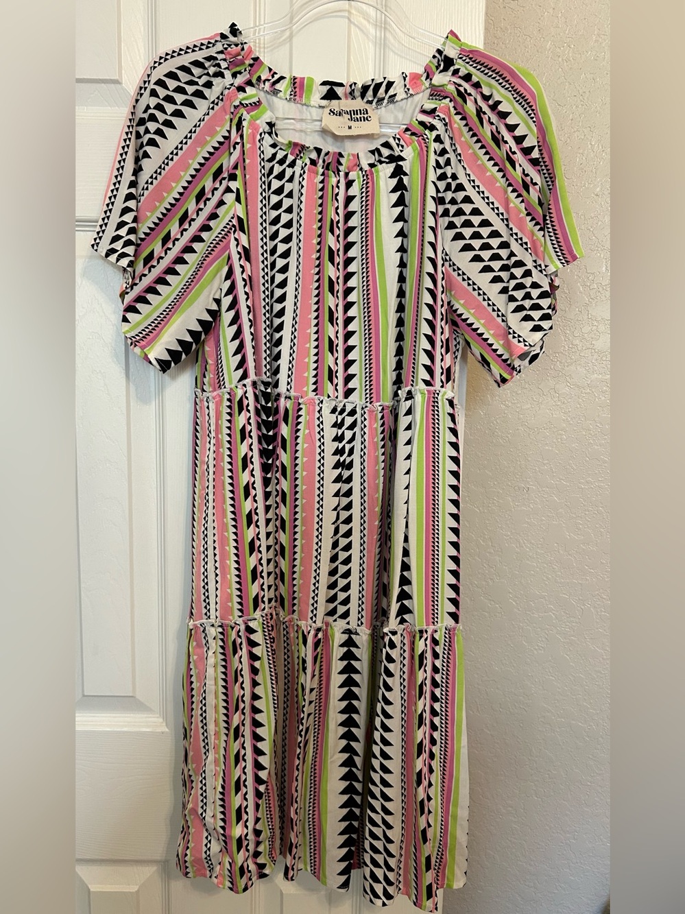 Savanna Jane Black, Pink & Lime Geometric Tiered Dress
